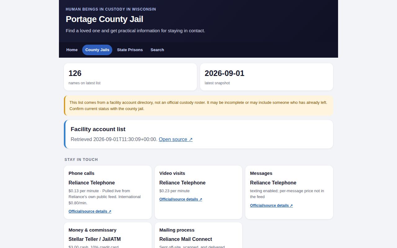 Portage County private booking-record custody snapshot with incompleteness warning
