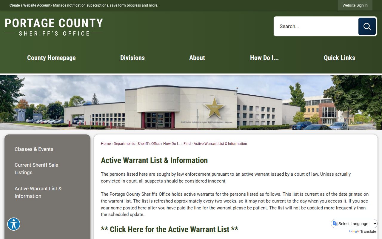 Portage County active warrant information page at the Sheriff’s Office