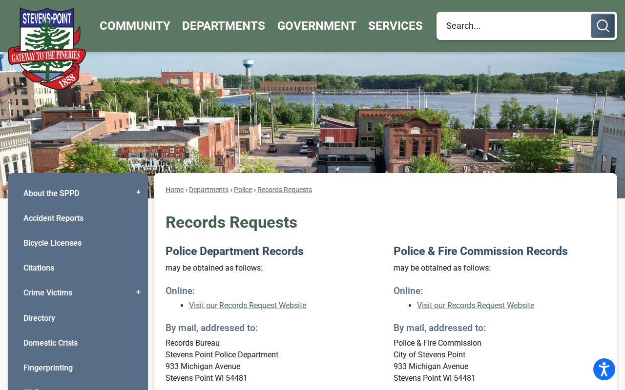 Portage County Stevens Point Police Department official arrest-records request page